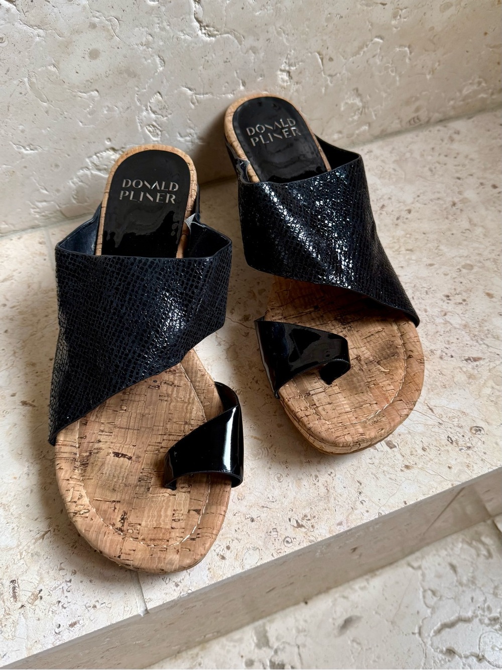 Donald Pliner Gretta Iguana Embossed Leather Cork Wedge Sandals, Black, 9.5